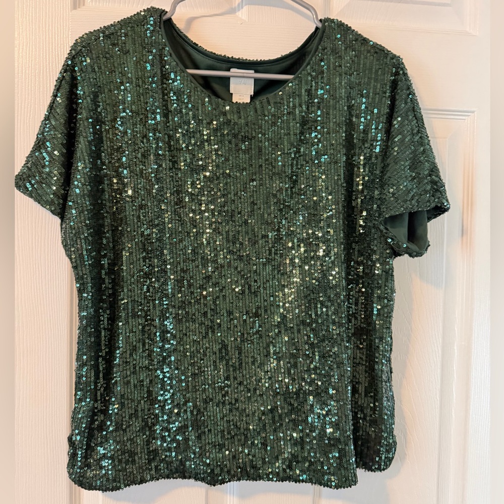 H&M Emerald Sequin Short Sleeve Top
